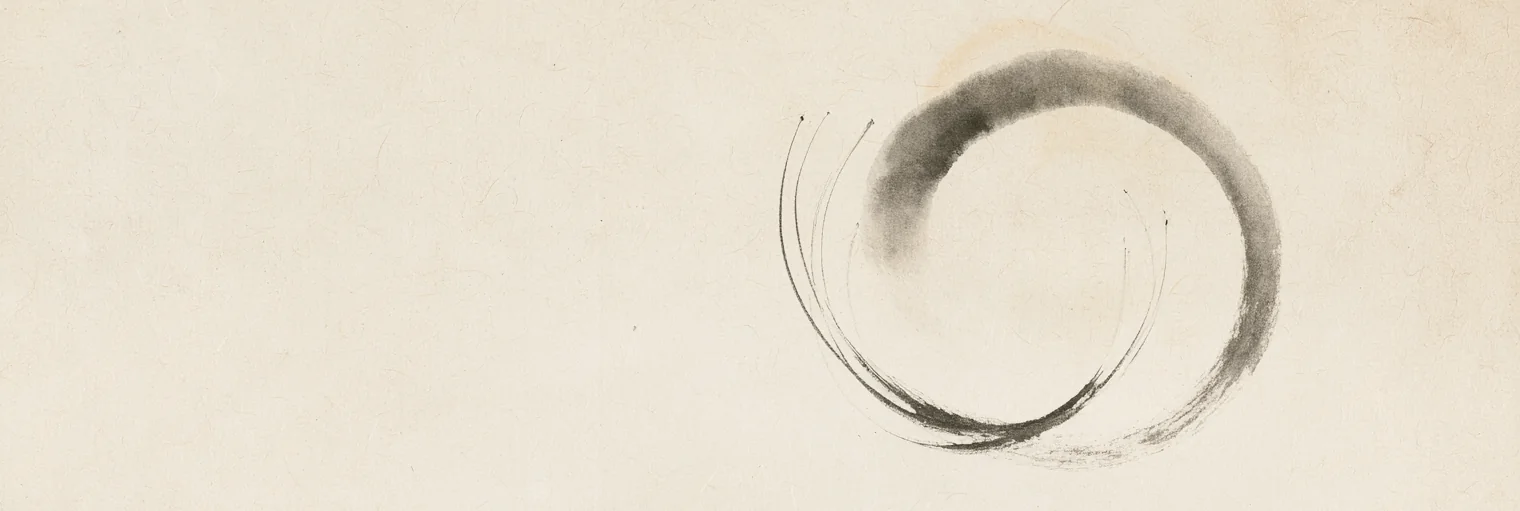 Korean ink-wash painting of a single circle brushed in one stroke on hanji paper, with three fine ink strands curving out of it and back into the circle