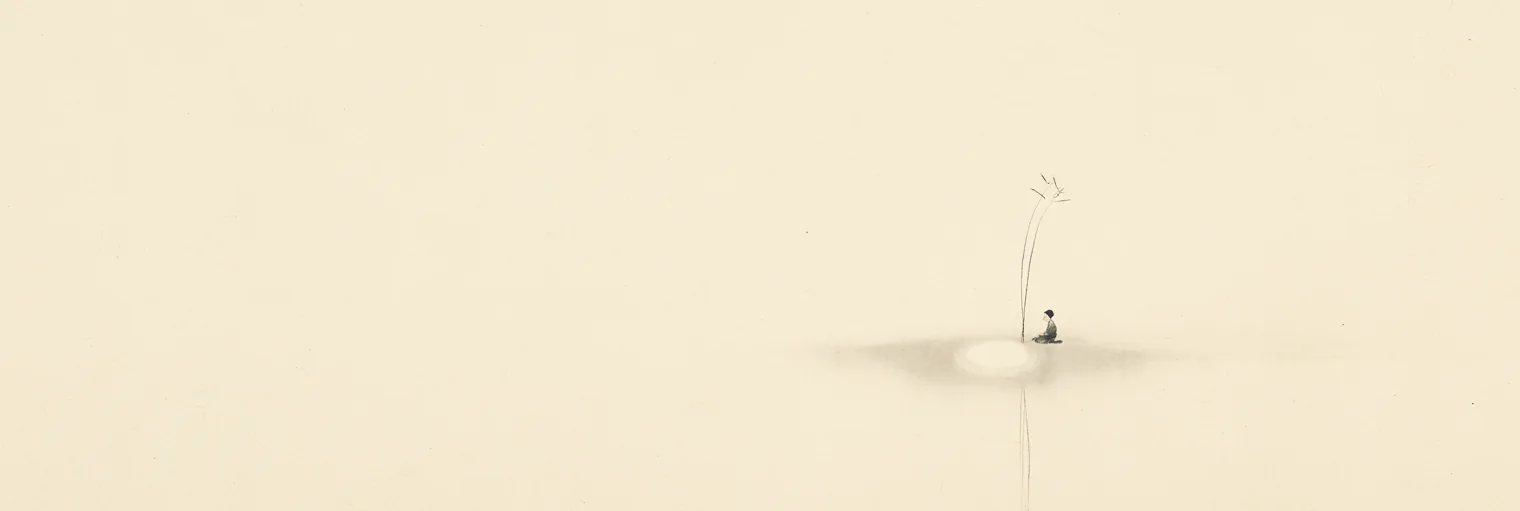 Korean ink-wash painting of three fine ink strands rising from a single luminous circle on hanji paper, with a small seated figure resting where the three strands meet