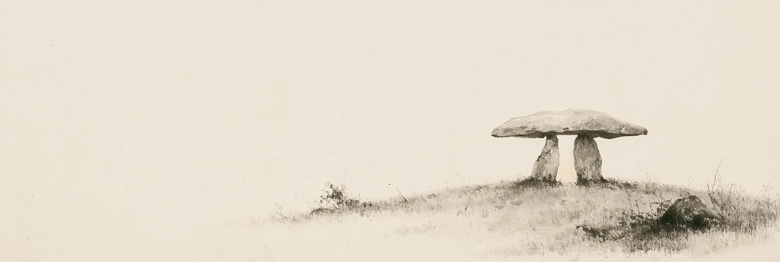 Korean ink-wash painting on aged hanji paper of a single table-type dolmen — two upright stones carrying one broad flat capstone, with daylight showing through the open space beneath — standing on a low grassy rise scattered with dry tufts and one small boulder, under an empty pale sky, the dolmen placed in the right third of the paper and the left two thirds left blank